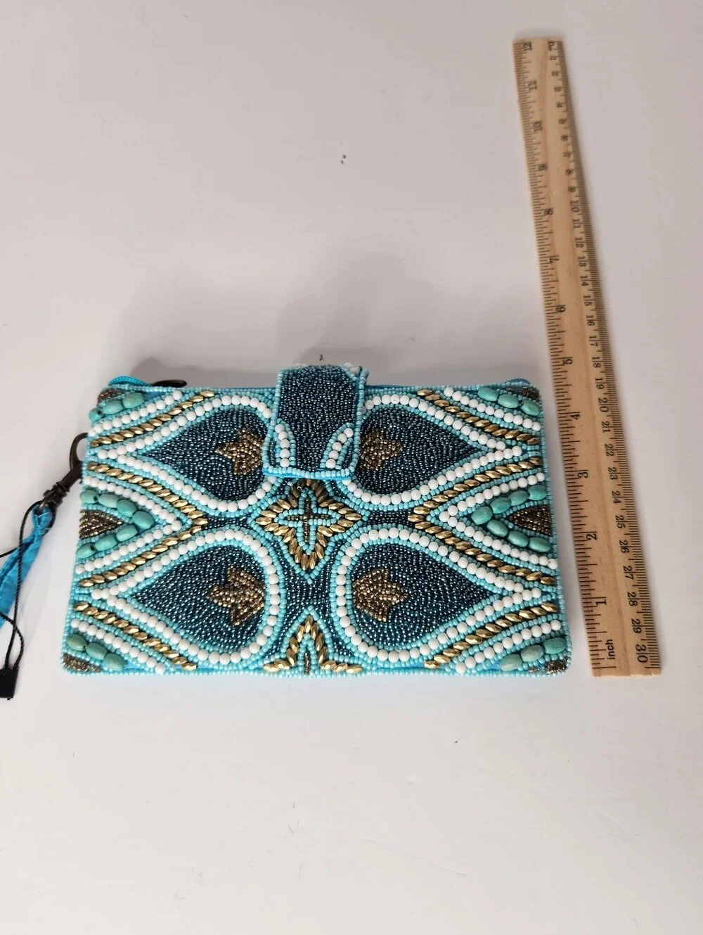 NEW Bamboo Trading Company Beaded Turquoise Wristlet Crossbody Bag Blue Satin